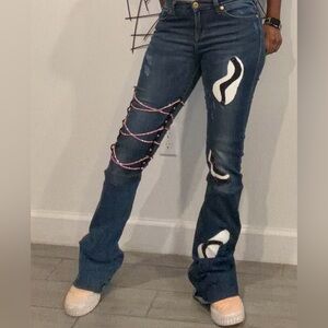 Custom stacked Stylish Blue Distressed Women Jeans